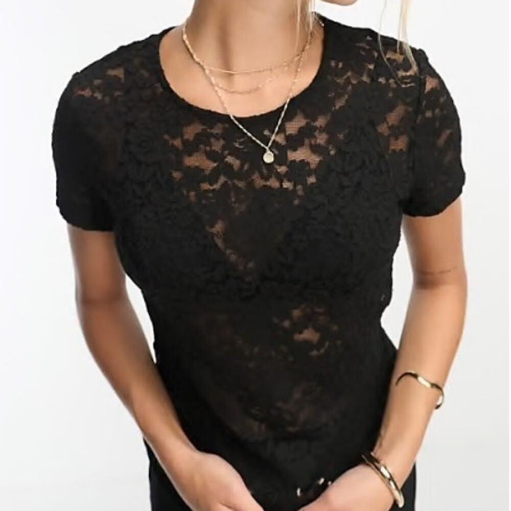 Mango Women's Short Sleeve Lace Top Black‎ Size M